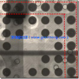 BGA錫球尺寸小于0.4mm，采用降低BGA內圍襲球的錫膏量所得到X-Ray，稍微留意一下可以發(fā)現(xiàn)最外圈的錫量(圓的直徑)比其他內圍的錫球上的錫量來得多一點點。也就是外圈的黑色圓形直徑比內圈的圓形來得大一點點。