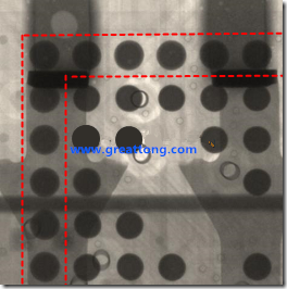 BGA錫球尺寸小于0.4mm，采用降低BGA內圍襲球的錫膏量所得到X-Ray，稍微留意一下可以發(fā)現(xiàn)最外圈的錫量(圓的直徑)比其他內圍的錫球上的錫量來得多一點點。也就是外圈的黑色圓形直徑比內圈的圓形來得大一點點。
