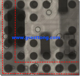BGA錫球尺寸小于0.4mm，采用降低BGA內圍襲球的錫膏量所得到X-Ray，稍微留意一下可以發(fā)現(xiàn)最外圈的錫量(圓的直徑)比其他內圍的錫球上的錫量來得多一點點。也就是外圈的黑色圓形直徑比內圈的圓形來得大一點點。
