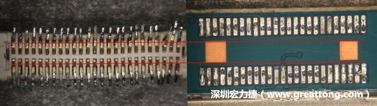 把板對板連接器與其電路板的佈線焊墊作一個比較，端子的切斷面有毛邊的地方剛好對到了裸銅區(qū)。
