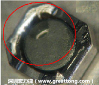使用錫(Sn)鍍層的電源電感器(Power Inductors)，經(jīng)過(guò)推力測(cè)試后，其焊點(diǎn)還保留在零件的端點(diǎn)上，所以推力比較高。