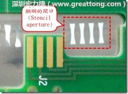 這個(gè)HotBar(熱壓熔錫焊接)吃錫的設(shè)計(jì)已經(jīng)對(duì)了一半,在印刷錫膏的時(shí)候在焊墊的中間位置減少錫膏,如果治具的設(shè)定正確的話(huà),熱壓頭(thermode)要壓在焊墊中間的位置,焊錫的印出來(lái)結(jié)果如下面右圖所示。