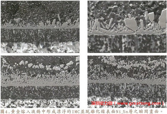 下面四張圖片為放大4500倍的SEM圖像，說明在回流焊爐熱量不足的情況下，黃金成份正要從鎳層分離融入焊錫之中的瞬間，當(dāng)零件遭受外力沖擊的時候就極有可能從這一整排AuSn、、AuSn2或AuSn4的IMC處裂開。