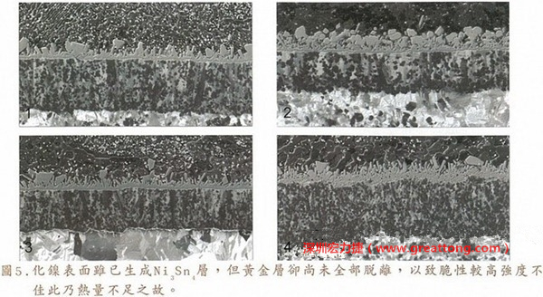 下面四圖顯示，當(dāng)焊接的熱量不足或未持續(xù)時，雖然Ni3Sn4的薄薄IMC層已經(jīng)生成而焊牢，但也會因為AuSn及AuSn2還未來得及逸走，而停留在共金介面附近，當(dāng)有外力拉扯的時候，就很容易斷裂開來。這就是為何ENIG的焊點強(qiáng)度，始終不如銅面焊點(Cu6Sn5)來得更為牢固的主因之一。