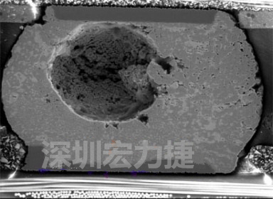 錫球氣泡大到足以影響到焊接的品質(zhì)，下圖是錫球切片后的剖面，可以很明顯看到氣泡已經(jīng)有錫球的 1/3 大了