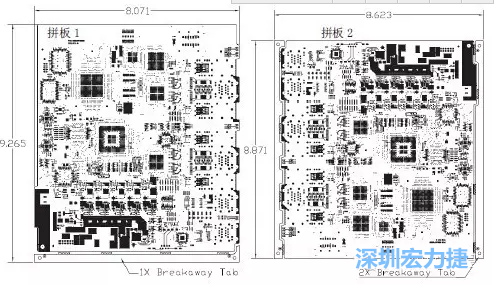如圖7所示是使用不同數(shù)量邊條的拼板，拼板1僅使用了一個(gè)邊條，直接利用PCB另一邊作為SMT工藝傳送邊，并且PCB圖形中有合適的安裝孔；而拼板2則是按常規(guī)設(shè)計(jì)了兩個(gè)邊條。拼板方式為連接筋。圖中“Breakaway Tab”指邊條-深圳宏力捷