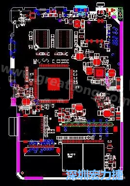 上圖是一個(gè)開發(fā)板的PCB，從布局中可以看出各個(gè)接口電路分離很明確，SDRAM和DDR以及SD卡接口電路等走線不會(huì)造成相互的干擾。-深圳宏力捷