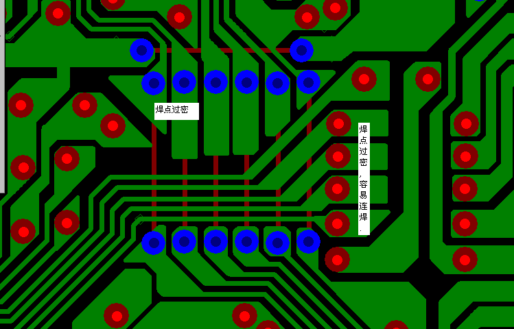 PCB設計焊點過密，易造成波峰連焊，焊點間漏電