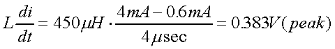 舉例來說，一個閘在"ON"而載有4mA的電流時，突然開關(guān)切到"OFF"且現(xiàn)在載有0.6mA的電流，假設(shè)開關(guān)時間為4msec，載有450mH的電感信號的導(dǎo)體，此時所產(chǎn)生的電壓突波為