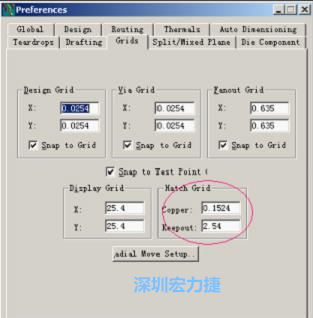  改銅皮的填充網(wǎng)格Global→Design Units，填充方向Drafting→Direction；Hatch Grid中Copper此數(shù)值為大銅箔中所填充的線條中心到中心的距離。