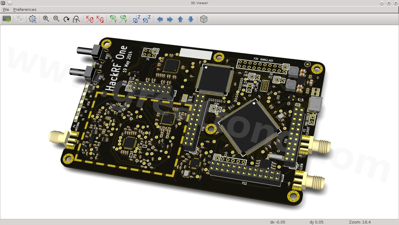 經(jīng)KiCad軟體3D功能渲染過的HackRF One電路板。