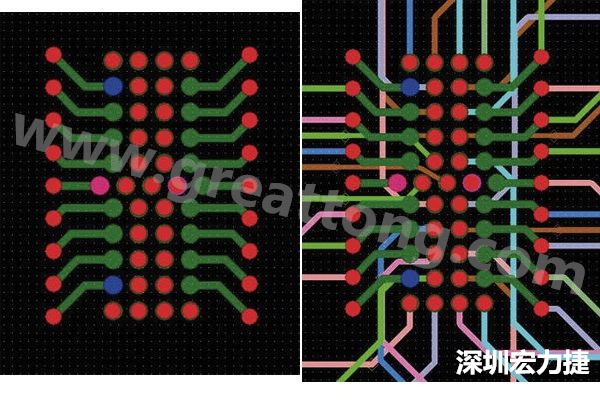 圖7：焊盤內(nèi)過孔用于內(nèi)部，而外部接腳在0.5mm閘格上扇出。圖7a顯示的是頂層(左)；圖7b顯示頂層和內(nèi)部布線層(右)。