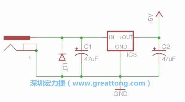 新增RBBB→Power_Jack，將它放在電壓調(diào)整器的輸入端旁邊。