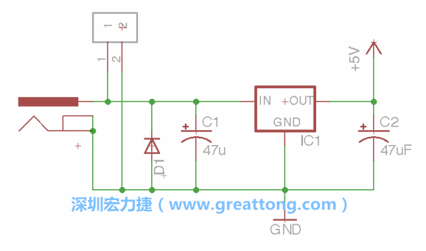 2.5.    新增一個二極體，它會以水平的狀態(tài)出現(xiàn)在屏幕上，請使用「旋轉(zhuǎn)（Rotate）」工具把它負極那一面朝上，并且用「網(wǎng)絡連接」工具將它連接在電壓調(diào)整器的輸入端和接地端之間。