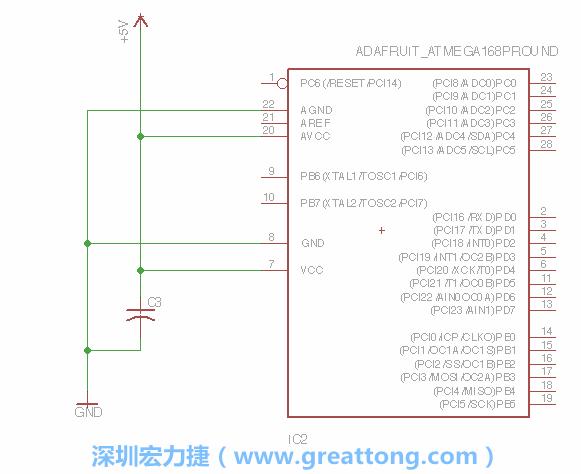 3.1.    新增微控制器晶片（RBBB → ATmega），把它放在電路原理圖的中央附近，把它的兩個接地接頭連接到接地訊號端。
