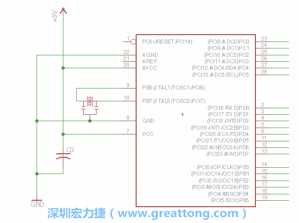 3.2.    在靠近ATmega的電源供應針腳7的位置放置一個0.1μF的電容，將它分別連接電源、接地端和針腳7。