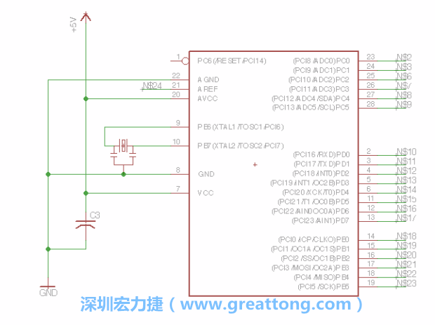 3.3.    將共鳴器（resonator）放置在針腳9和針腳10附近，將它的三個針腳連接如圖所示，并確認最中間的針腳有連到接地端。