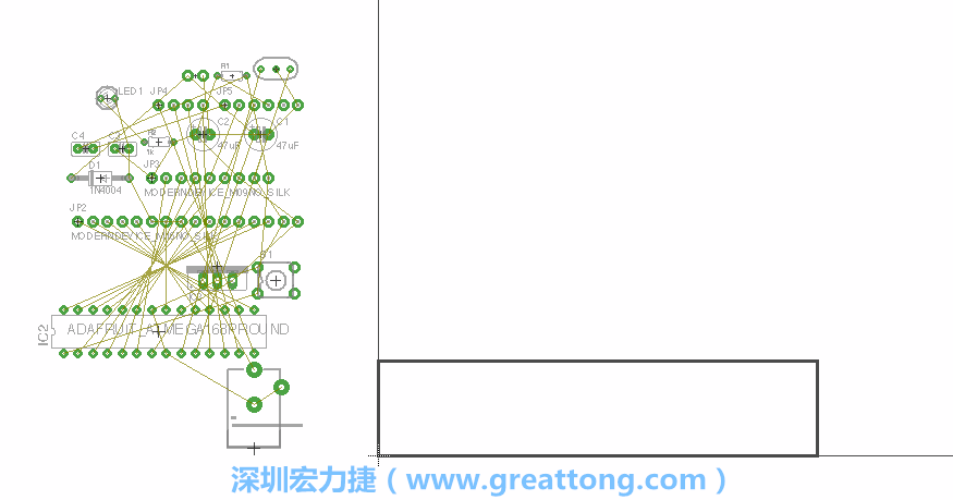 第一次執(zhí)行布線編輯器時，你會發(fā)現(xiàn)有兩個區(qū)塊，左邊的區(qū)塊非?；靵y，而右邊的區(qū)塊則是一個長方形的工作區(qū)域，EAGLE免費版會限制你的工作區(qū)域在4” x 3.2”的范圍內(nèi)，如果你試圖將元件擺放在工作區(qū)外的話，就會跳出警示訊息。