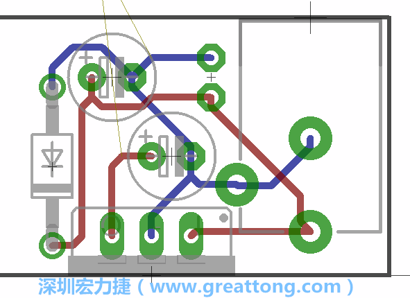 接地連結(jié)點的布線情形如下圖所示，利用這個練習來避免電路連線銳角化的產(chǎn)生是一個不錯的選擇，你可以在工具列中的彎曲線路（Wire Bend）選項里改變各種布線的變化。