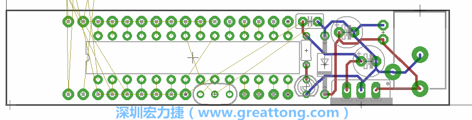 將ATmega微控制器、三個GPIO排針（JP2, JP3, JP4）和諧振器（resonator）排置如上圖所示。