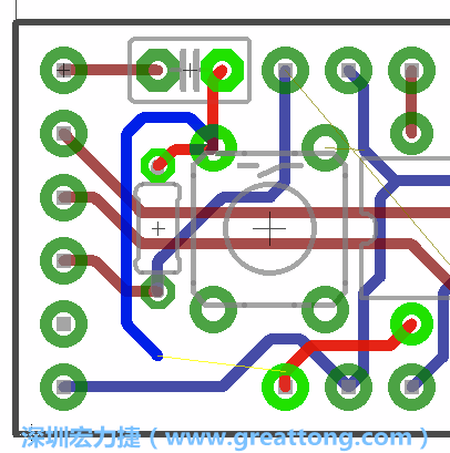 要在電路板正面進行+5V信號線連結(jié)和其他連結(jié)點的布線工作是非常容易的，而重置信號線（信號線用來連結(jié)電路板正面左邊的重置開關(guān)）需要經(jīng)過一個可以通過電路板正反兩面的電路通道，這個通道是一個可以讓電路板正反兩面線路連接的一個小孔。