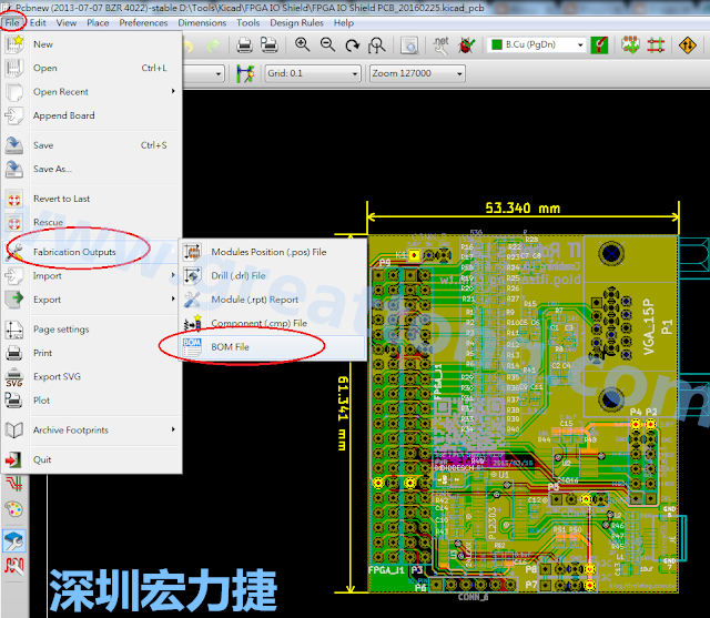 在Kicad的PCB Editor, 點(diǎn)選 File->Fabrication Outputs->BOM File, 即可產(chǎn)生一個(gè) .csv 的Excel 檔案。