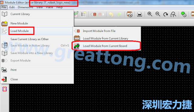 進(jìn)入Module Editor去載入其他Footprint(Module)進(jìn)來(lái)， 從目前的Active library (不過(guò)要先選取一個(gè)Current library ) 載入Module 或從目前正在編輯的PCB載入Module。