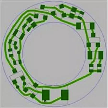 圖6：PCB布線例子：(a)拓撲式自動布線器(完成了100%導線的布線)；